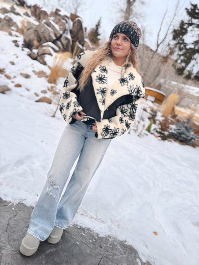 Floral Print Quilted Shearling Jacket - Cream / Black