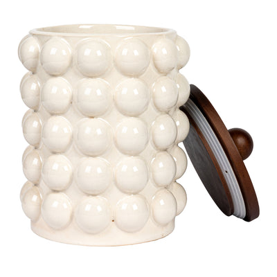 5-3/4" Round x 8-1/4"H Stoneware Canister w/ Raised Dots & Acacia Wood Lid, White & Natural