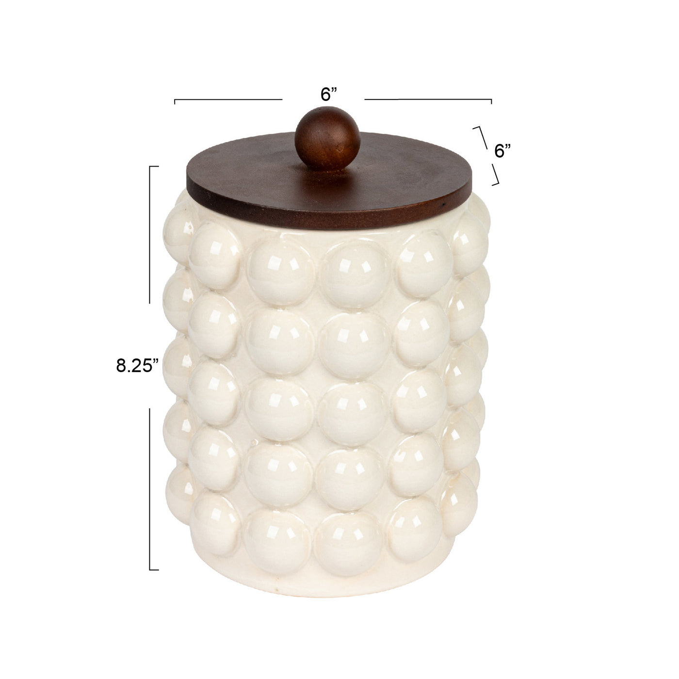5-3/4" Round x 8-1/4"H Stoneware Canister w/ Raised Dots & Acacia Wood Lid, White & Natural