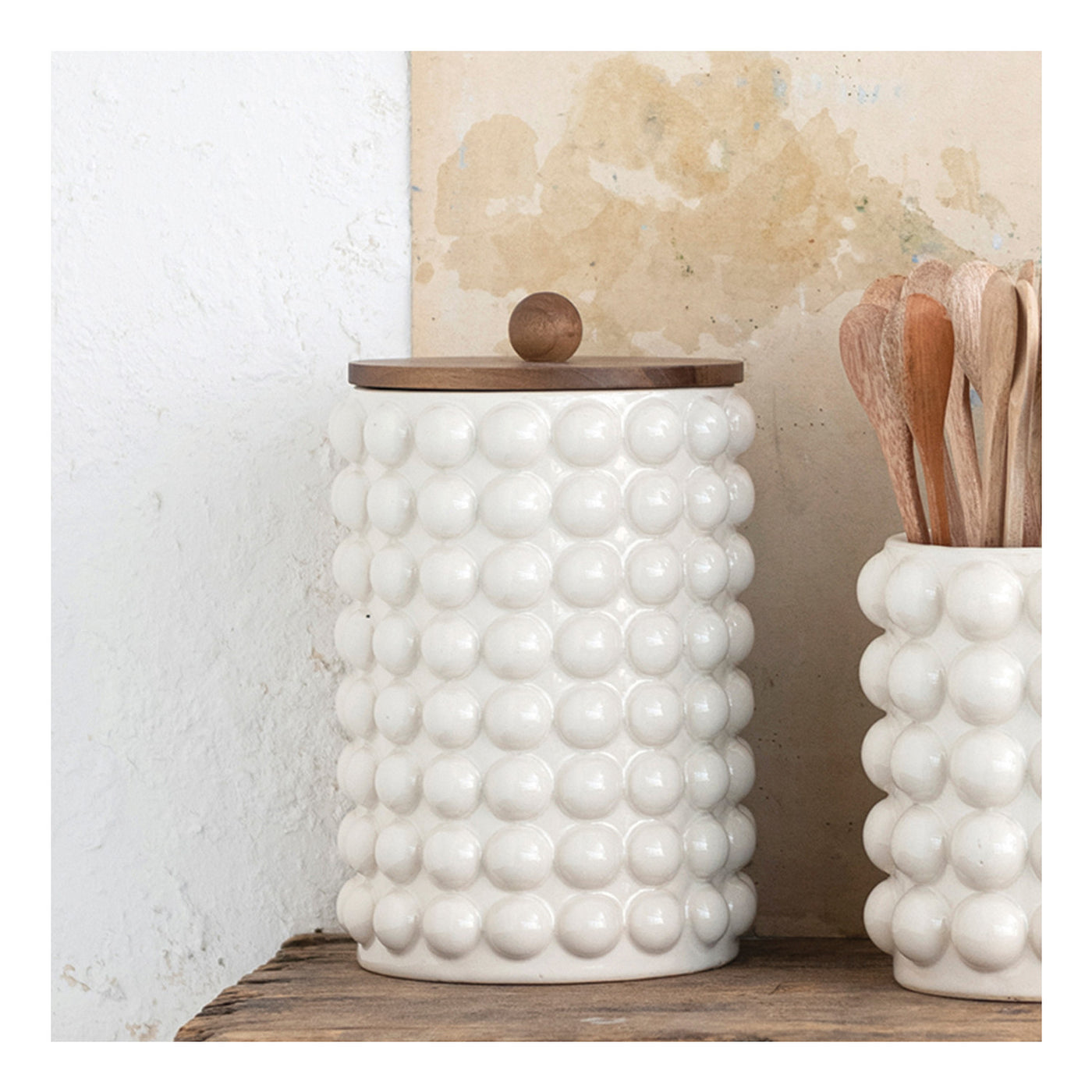 6-3/4" Round x 10-1/4"H Stoneware Canister w/ Raised Dots & Acacia Wood Lid, White & Natural