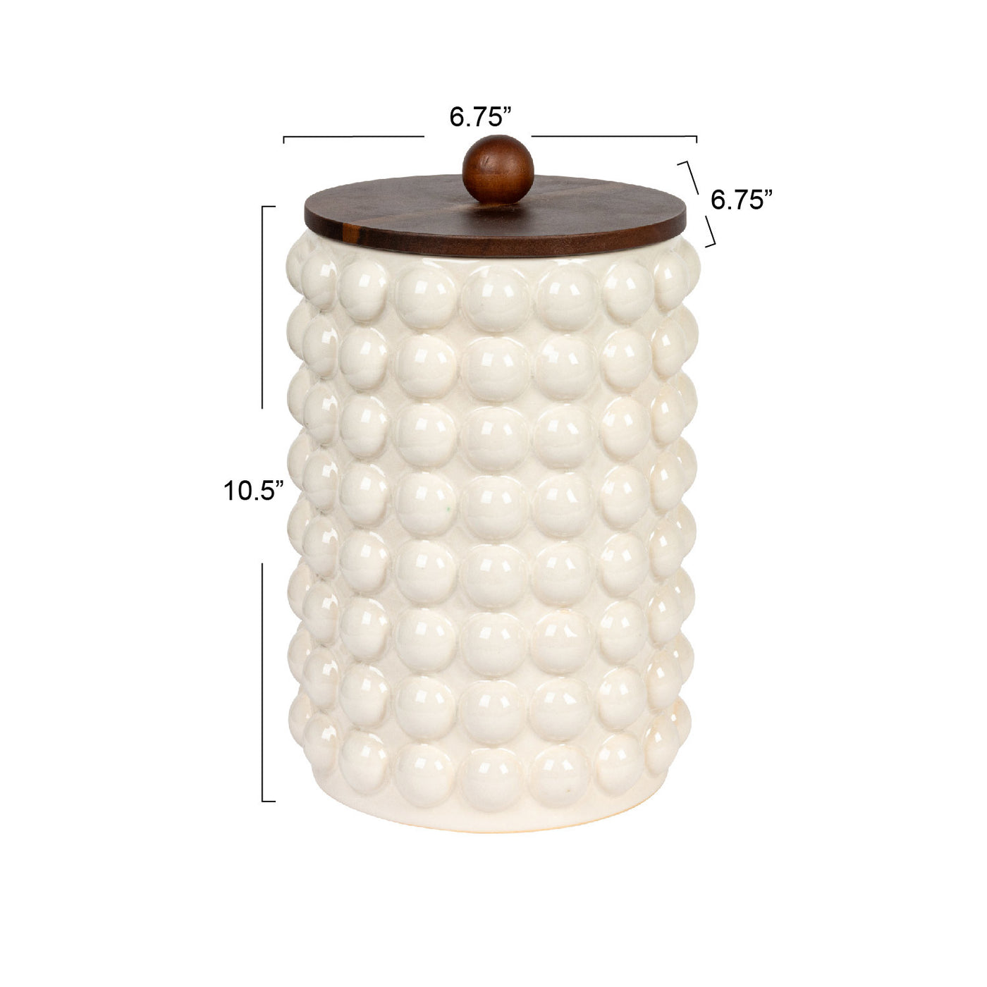 6-3/4" Round x 10-1/4"H Stoneware Canister w/ Raised Dots & Acacia Wood Lid, White & Natural