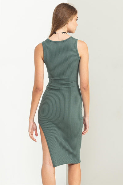 Boldly Stylish Ribbed Bodycon Sweater Dress in Gray Green