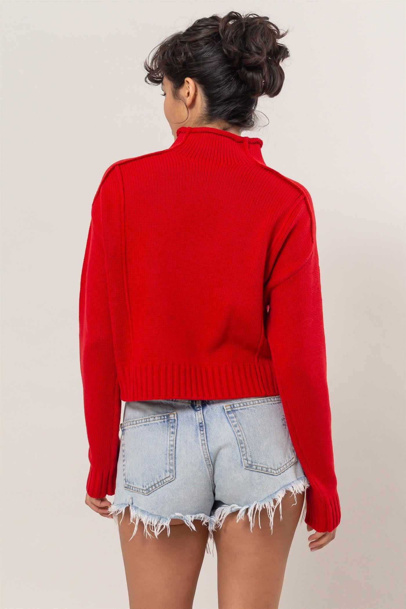 High Neck Reverse Seam Sweater - Red