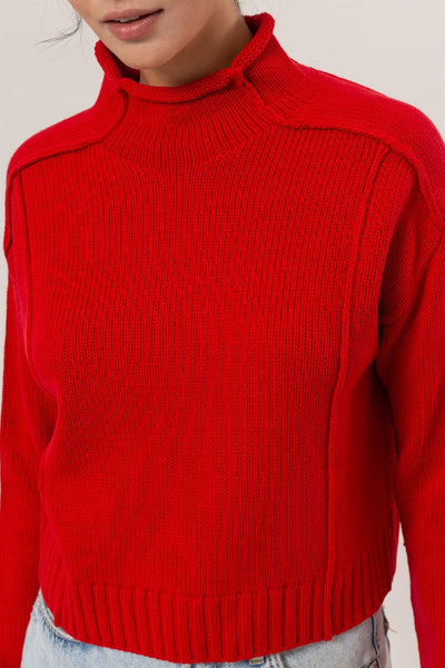 High Neck Reverse Seam Sweater - Red