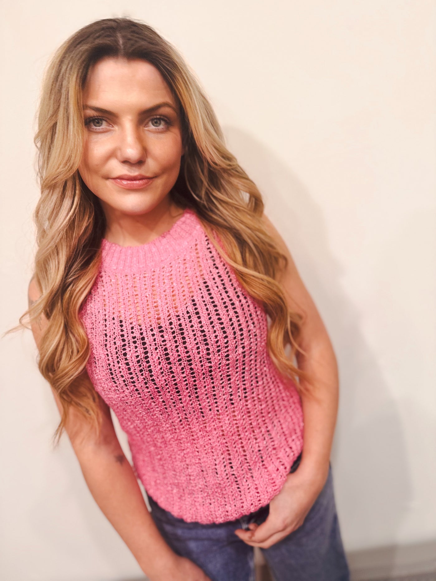 Round Neck Crochet Sweater Tank - Pink