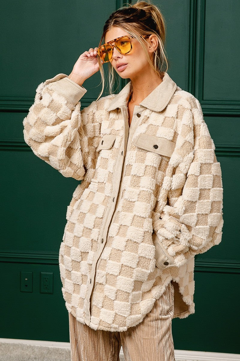 Leni Neutral Checkered Sherpa Shacket