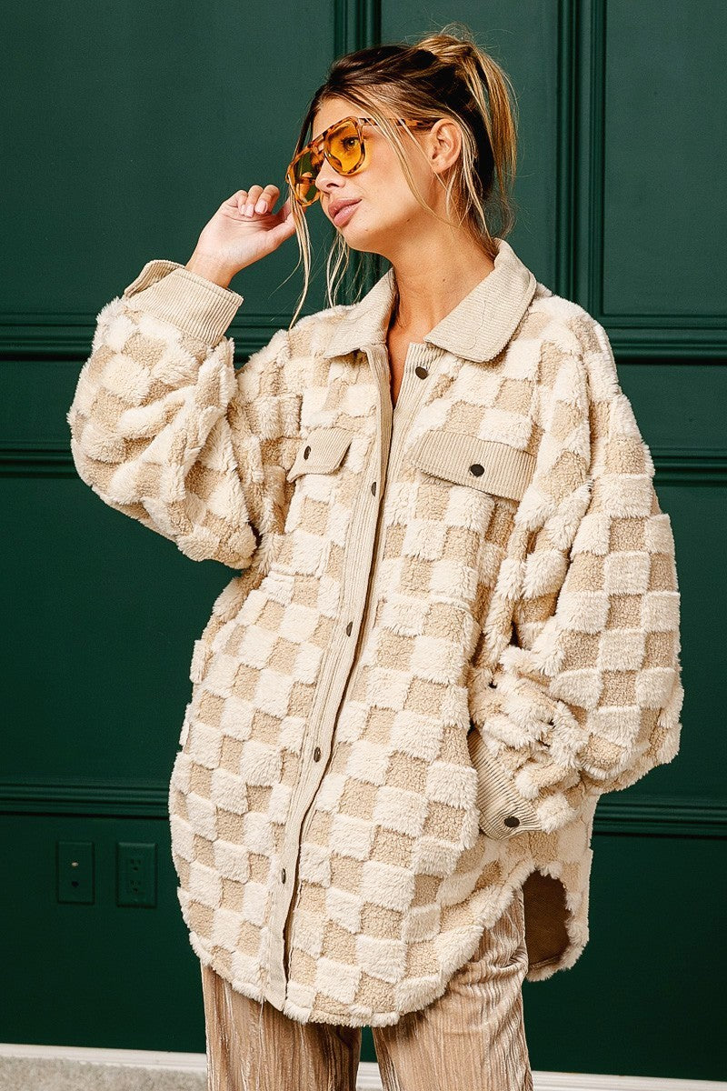 Leni Neutral Checkered Sherpa Shacket