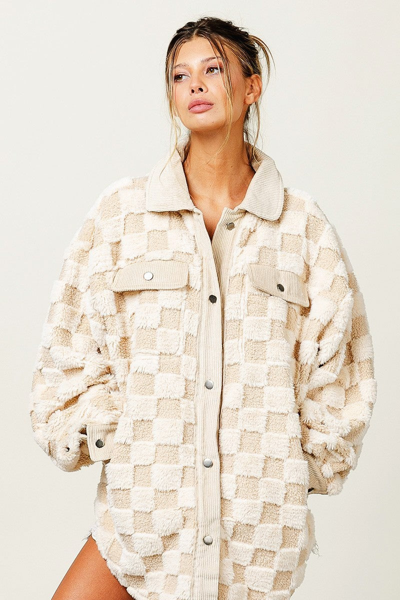 Leni Neutral Checkered Sherpa Shacket