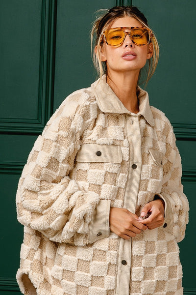 Leni Neutral Checkered Sherpa Shacket