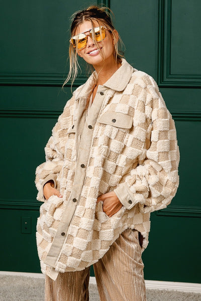 Leni Neutral Checkered Sherpa Shacket