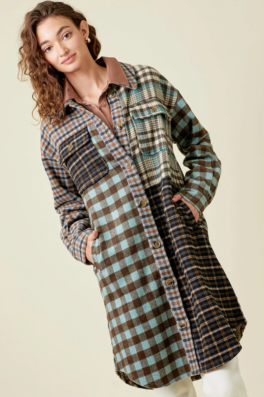 Mixed Plaid Long Jacket in Mint