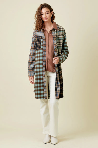 Mixed Plaid Long Jacket in Mint