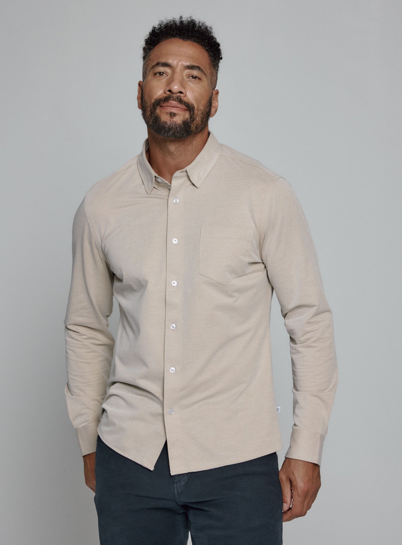 Oxford Stretch Button Down in Tan