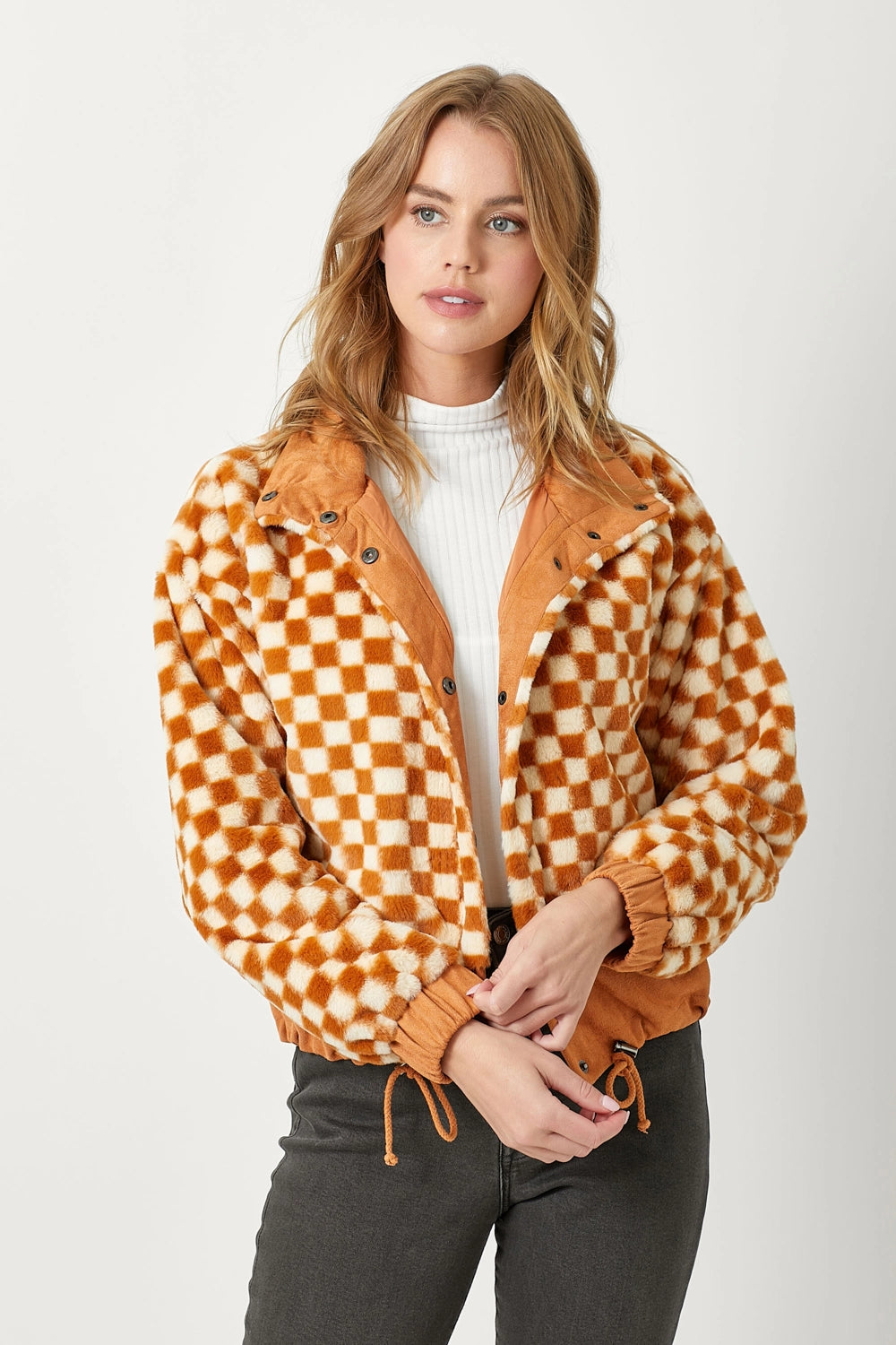 Pumpkin Faux Fur Checkered Jacket