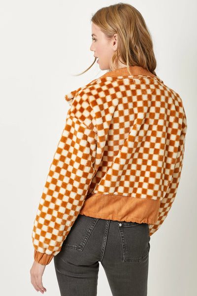 Pumpkin Faux Fur Checkered Jacket