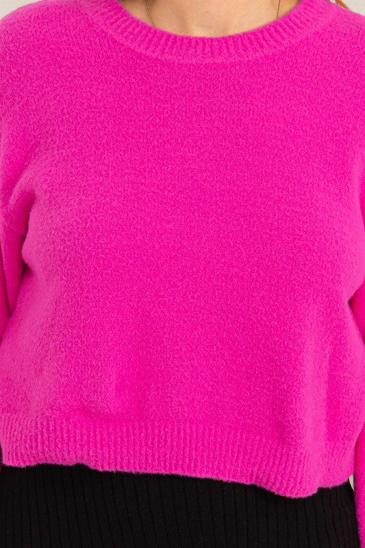 Round Neck Cropped Sweater in Fuschia