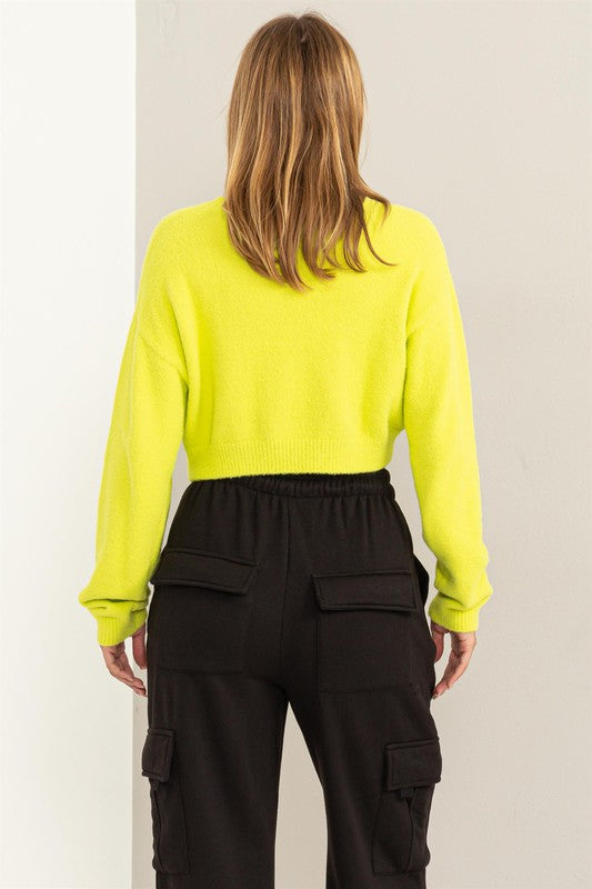 Round Neck Cropped Sweater in Lime