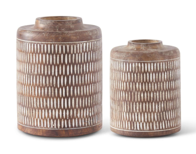 Wood Vases w/ Whitewashed Carved Pattern