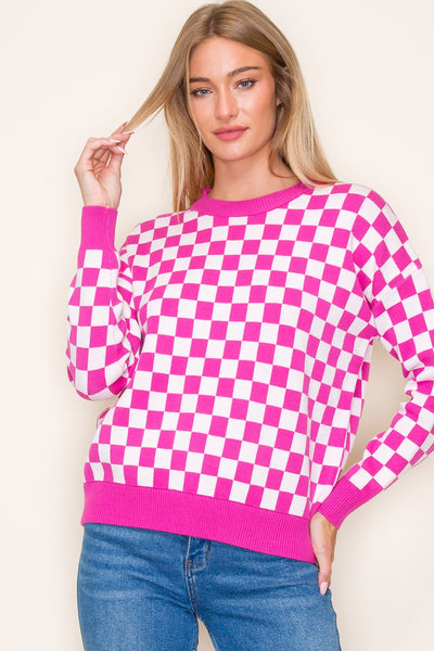 Finish Line Checkered Sweater in Fuchsia