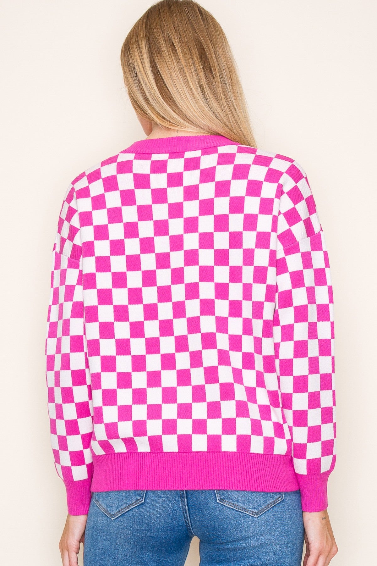 Finish Line Checkered Sweater in Fuchsia