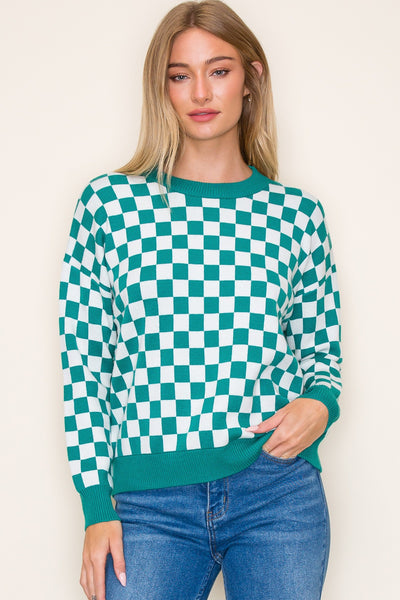 Finish Line Checkered Sweater in Kelly Green