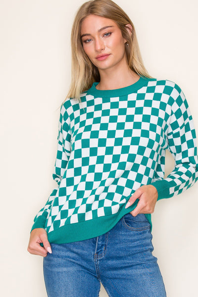 Finish Line Checkered Sweater in Kelly Green