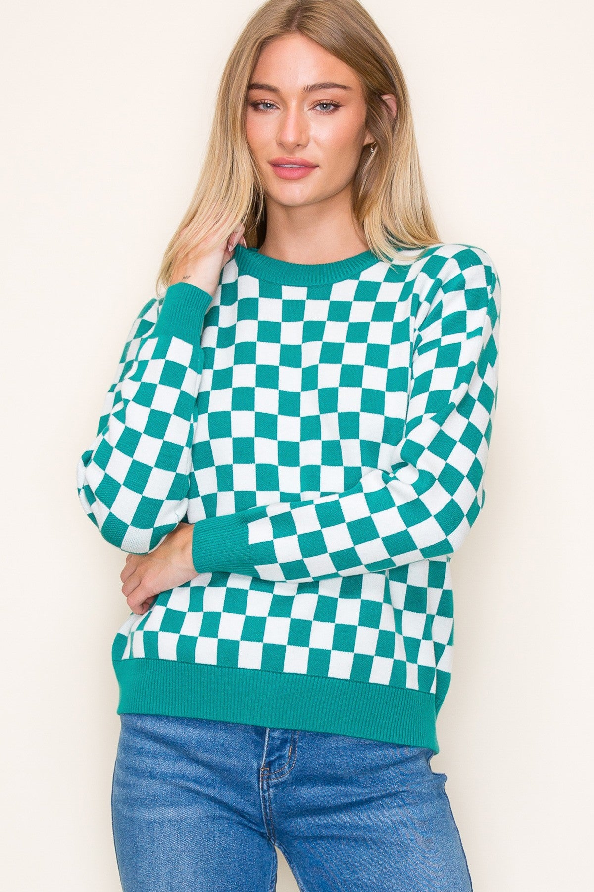 Finish Line Checkered Sweater in Kelly Green