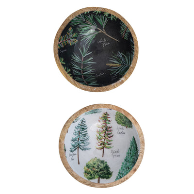 4" Round x 2-1/2"H Enameled Mango Wood Footed Bowl, Evergreens & Pine Boughs