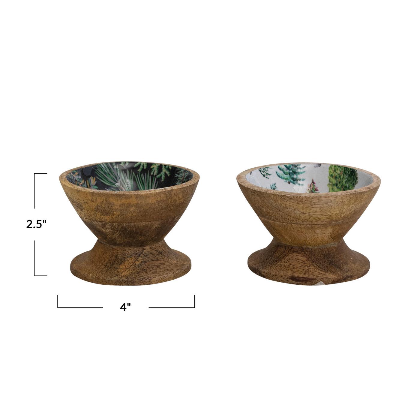 4" Round x 2-1/2"H Enameled Mango Wood Footed Bowl, Evergreens & Pine Boughs
