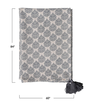Cotton Printed Tablecloth w/ Leaf Pattern & Tassels
