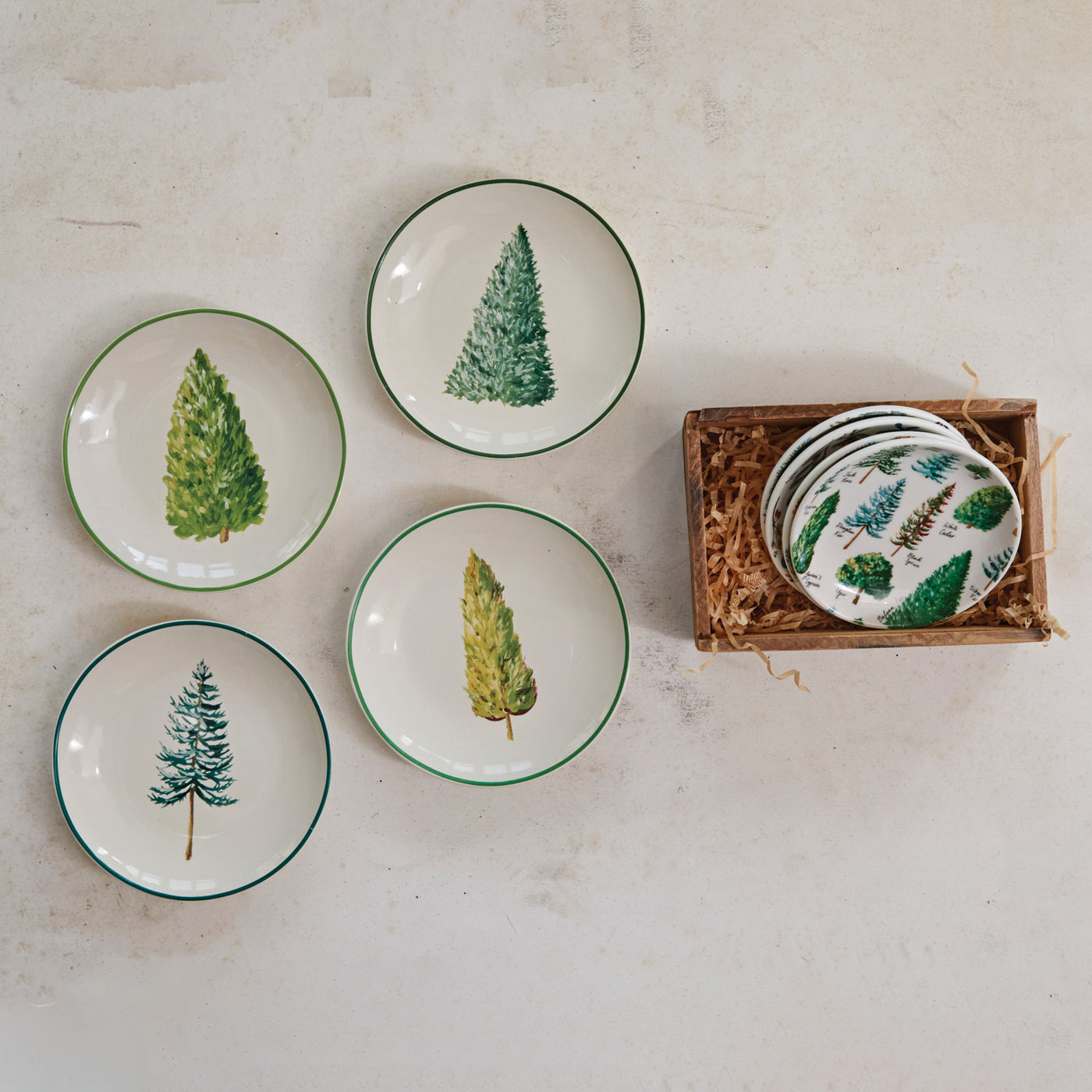 5" Round Hand-Painted Stoneware Plate w/ Evergreens