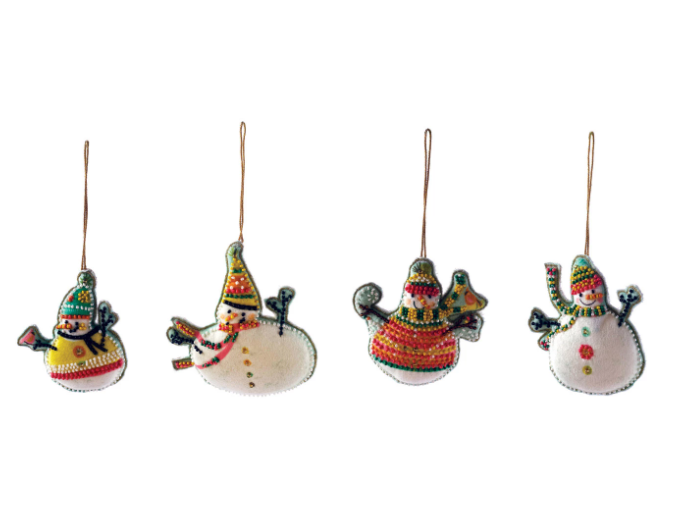 Cotton Velvet Snowman Ornament w/ Embroidery & Glass Beads, 4 Styles