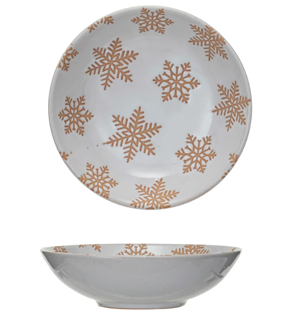 6" Round x 3/4"H Stoneware Bowl w/ Wax Relief Snowflakes, Reactive Glaze, White