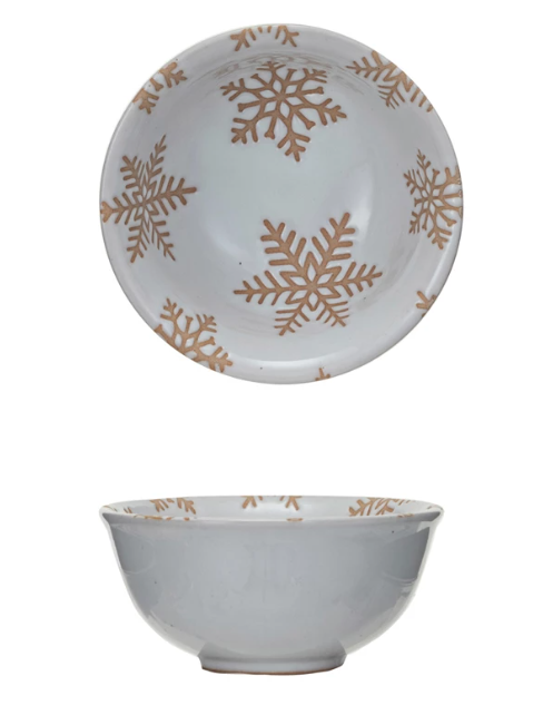 3-3/4" Round x 1-3/4"H Stoneware Bowl w/ Wax Relief Snowflakes, Reactive Glaze, White