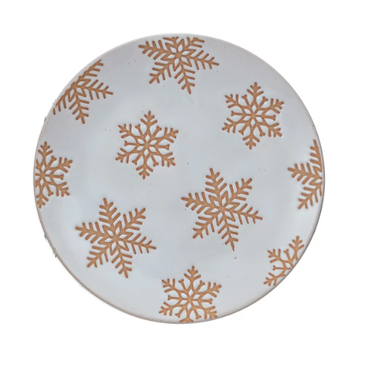 6" Round Stoneware Plate w/ Wax Relief Snowflakes, Reactive Glaze, White