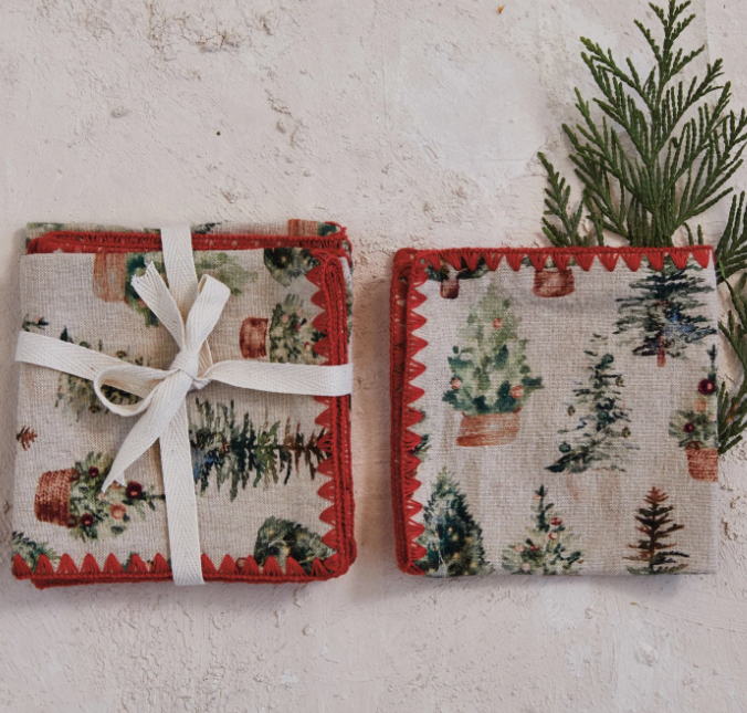 Cotton Printed Cocktail Napkins w/ Trees Pattern & Red Stitched Edge, Set of 4