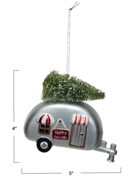 Happy Camper, Glass Camper Ornament w/ Sisal Tree