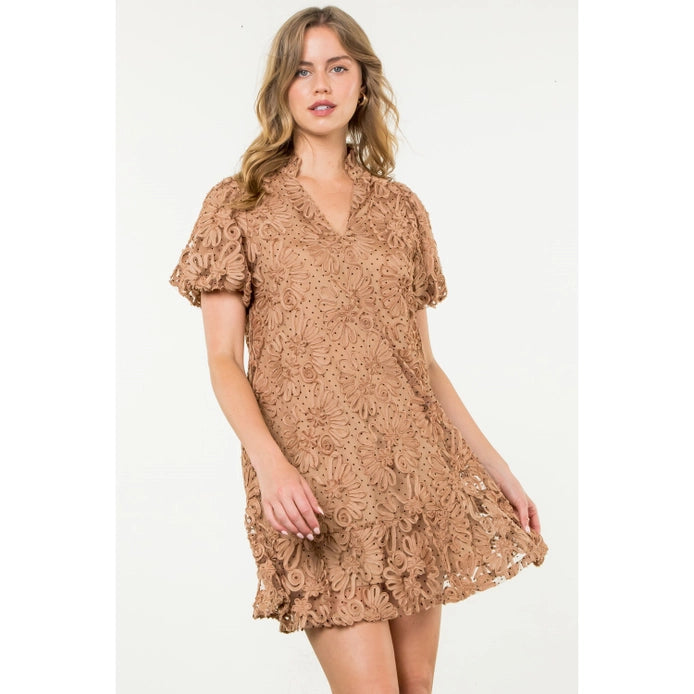 Detailed Mesh Puff Sleeve Dress - Camel