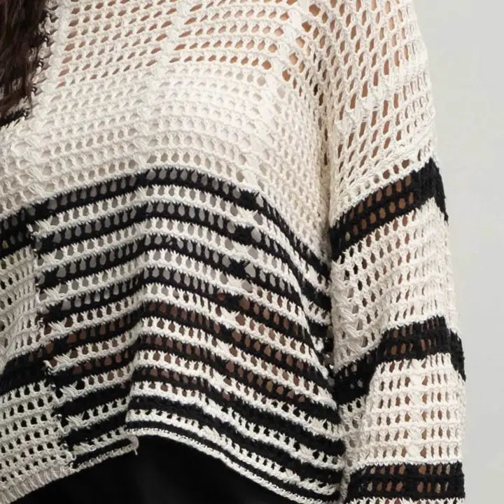 Stripe Colorblock Crochet Sheer Knit Sweater - Black Multi