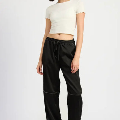 Satin Lounge Pants w/ Contrasted Stitch - Black