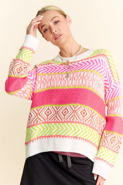 Mixed Pattern Stripe Sweater Top - Multi Neon Pink