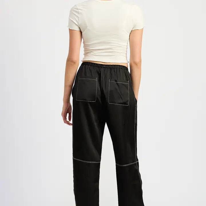 Satin Lounge Pants w/ Contrasted Stitch - Black