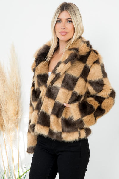 Coco Checker Pattern Faux Fur Jacket