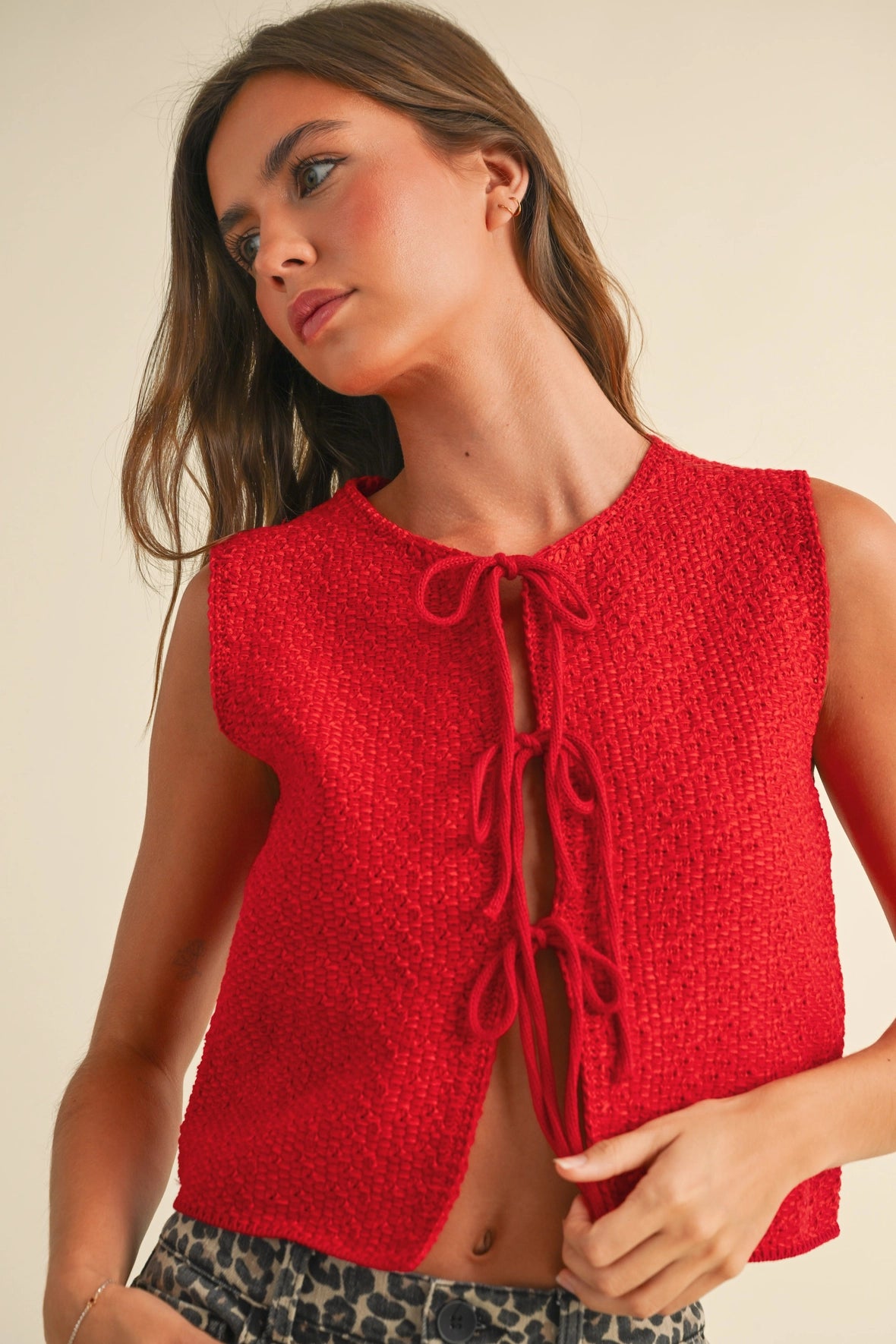 Olivia Knitted Tie Front Cardigan in Red