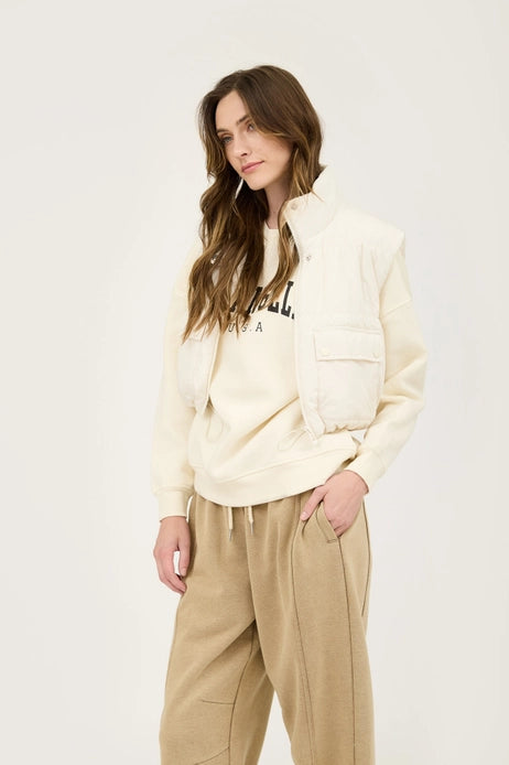 Cropped Zip Up Cargo Puffer Vest - Cream