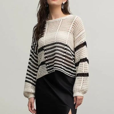 Stripe Colorblock Crochet Sheer Knit Sweater - Black Multi