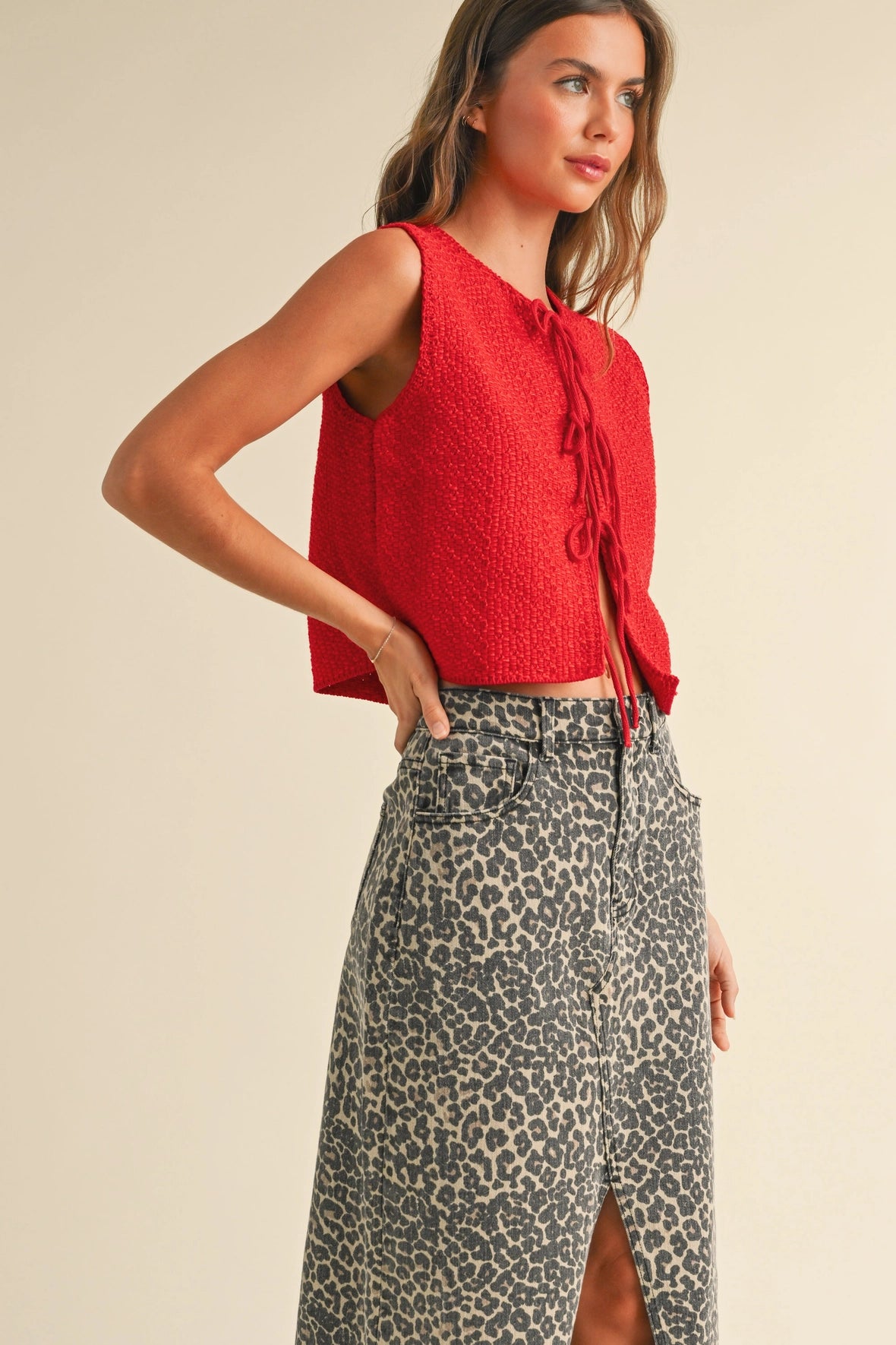 Olivia Knitted Tie Front Cardigan in Red