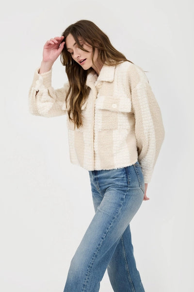 Striped Textured Faux Shearling Jacket - Khaki