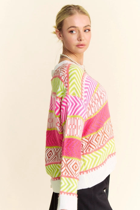 Mixed Pattern Stripe Sweater Top - Multi Neon Pink