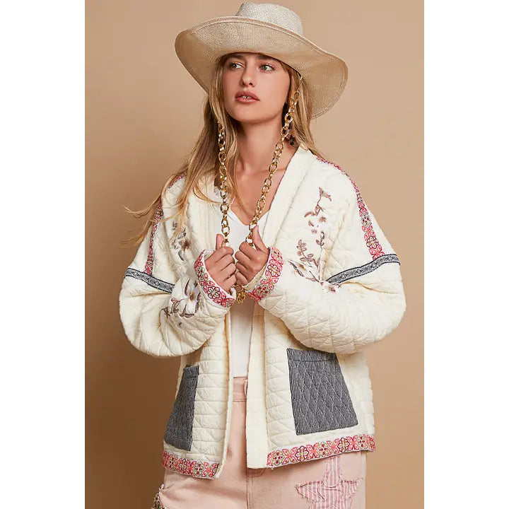 Embroidery Quilted Knit Jacket - Cream